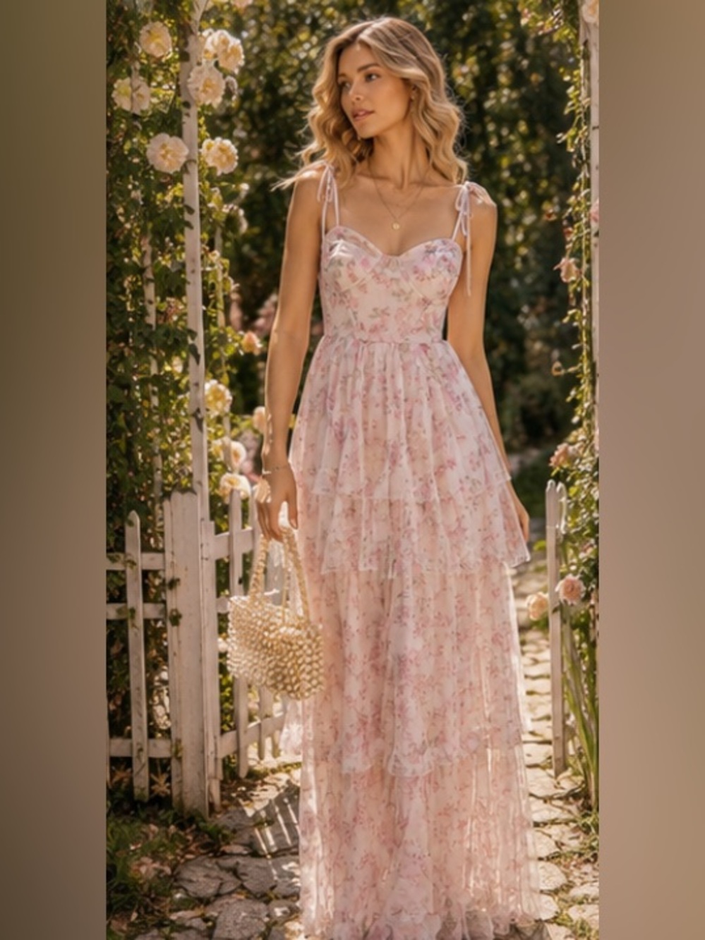 Lulus Blissfully‎ Gorgeous Blush Floral Tie-Strap Bustier Coquette Maxi Dress